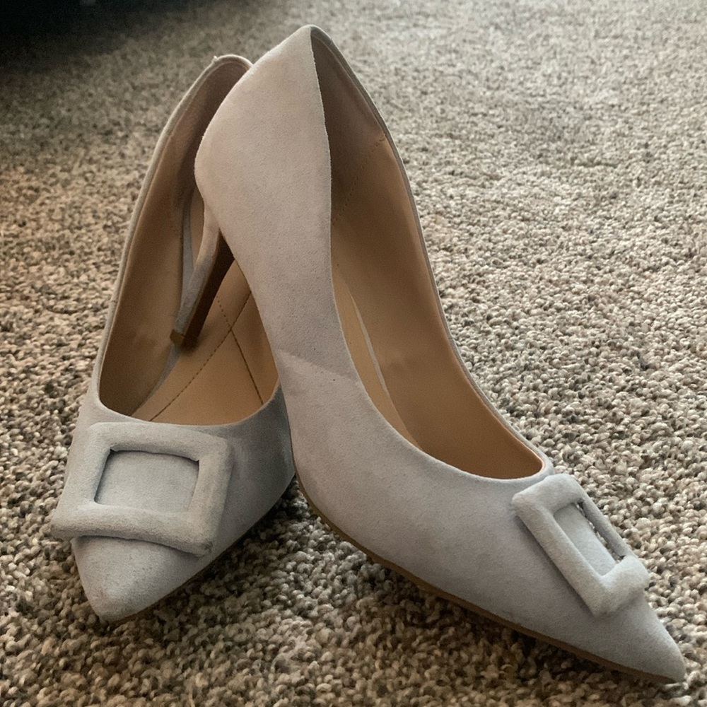 Blue suede, 2 inch short heels